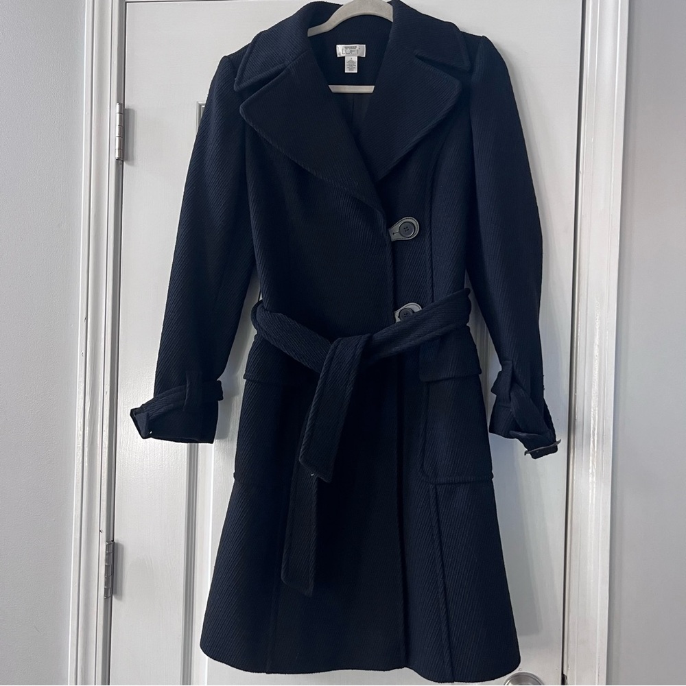 LOFT Ann Taylor Women’s Coat Wool Blend Black Textured Tie Size 4 Mid Length